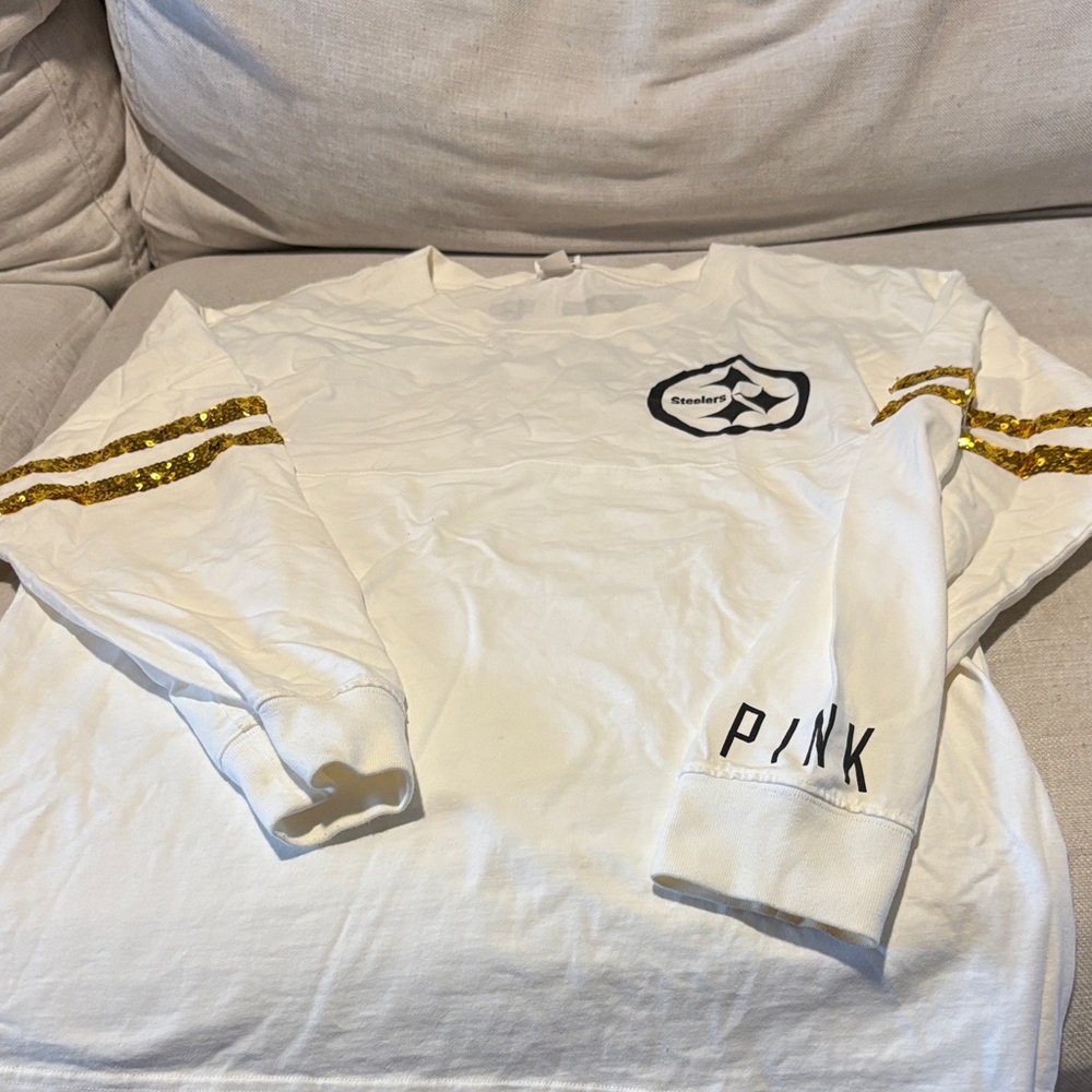 PINK Victoria's Secret White Long Sleeve with Gold Stripes